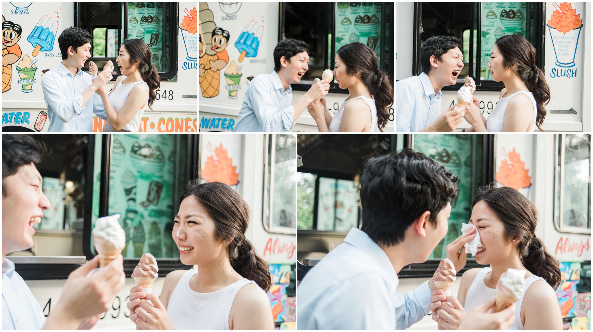 Man puts ice cream from his cone on girlfriends nose in front of ice cream truck at Jack Darling Park, Mississauga